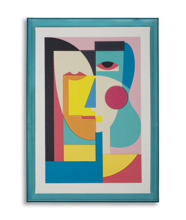 Scaune in Stil Contemporan - Tablou cubist colorat 50x70 cm – artă geometrică cu ramă turcoaz
