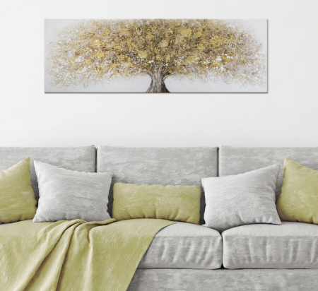 Tablou copac aurit 180x60 cm – artă decorativă glam în relief metalizat [1]