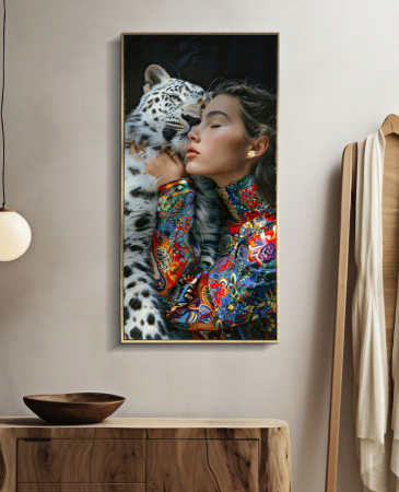 Tablou femeie și leopard alb 52x102 cm – simbol de protecție și forță în artă decorativă [1]