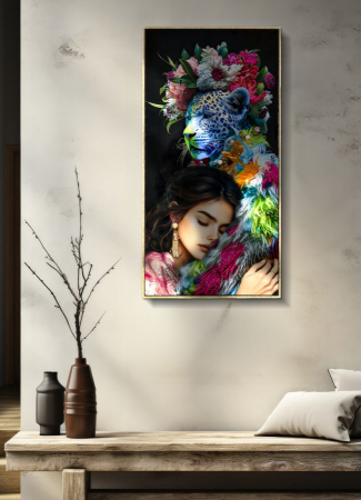 Tablou femeie leopard floral 52x102 cm – artă fantezistă cu simbolism și culoare [5]