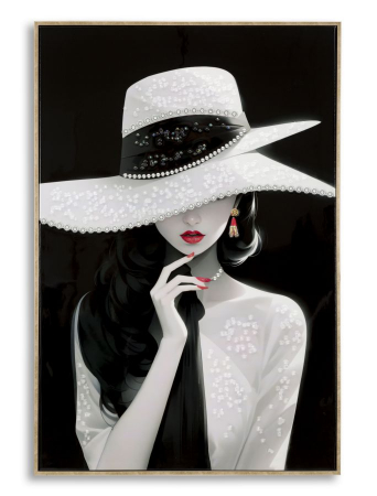 Decoratiuni perete - Tablou portret alb-negru pălărie perle 60x92 cm – artă decorativă glam și sofisticată