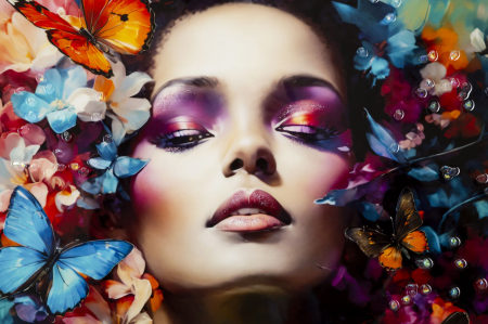 Tablou portret floral fluturi 62x92 cm – artă expresivă cu cromatică intensă [1]