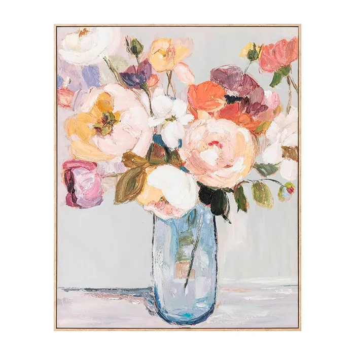 Tablouri - Tablou floral pictat manual în ulei cu vază și flori