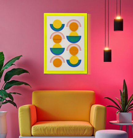 Tablou geometric cercuri galben neon 50x70 cm – compoziție retro pop pe pânză [5]