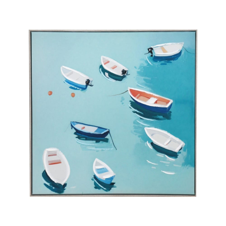 Decoratiuni perete in Stil Mediteranean - Tablou imprimat pe pânză cu bărci colorate văzute de sus pe apă turcoaz în ramă subțire