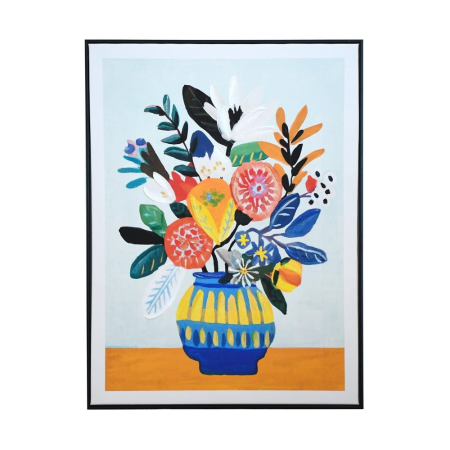 Decoratiuni perete in Stil Eclectic - Tablou imprimat pe pânză cu buchet colorat în vază galbenă cu albastru în ramă neagră