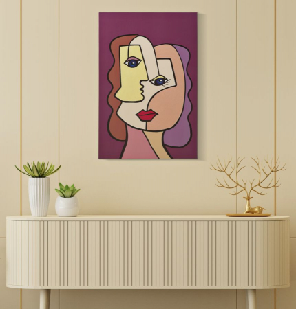 Tablou Pictat Portret Feminin Stilizat cu Fundal Burgund CreativDeco - Accent Vizual Elegant [4]