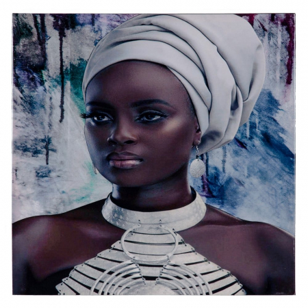 Boho - Tablou portret african cu turban gri și fundal abstract – format patrat 60x60 cm