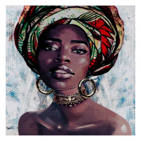 Tablouri - Tablou portret african cu turban multicolor – canvas pictat manual patrat 60x60 cm