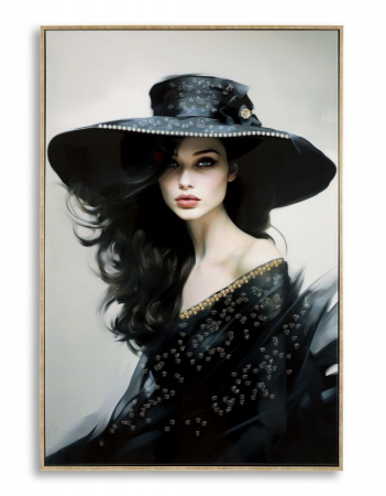 Decoratiuni perete - Tablou portret femeie pălărie neagră 62x92 cm – eleganță clasică reinterpretată pe pânză