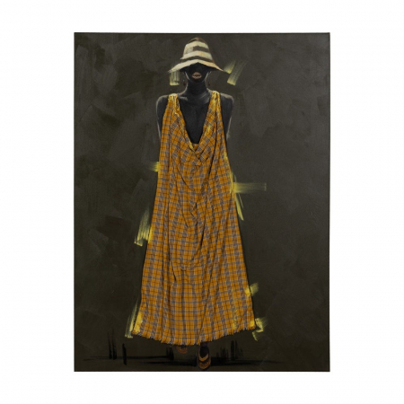 Boho - Tablou etnic pictat manual, femeie în rochie galbenă pălărie
