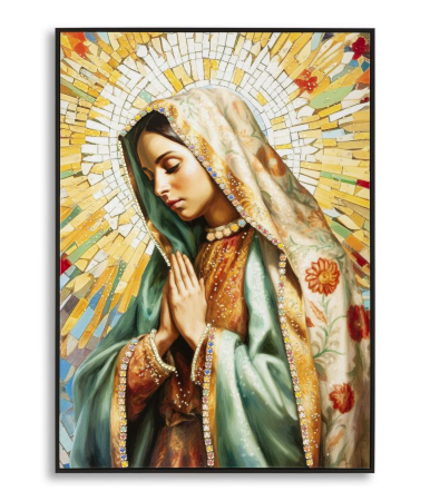 Decoratiuni perete - Tablou religios Fecioara Maria 72x102 cm – artă sacră cu accente aurii simbolice