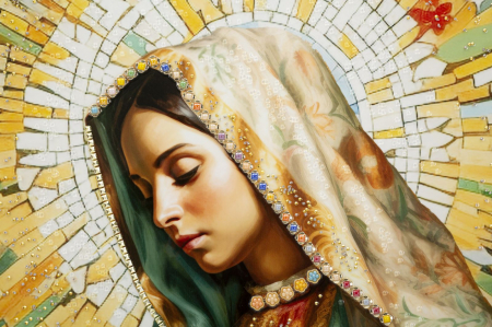 Tablou religios Fecioara Maria 72x102 cm – artă sacră cu accente aurii simbolice [1]