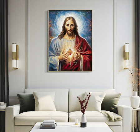 Tablou religios Iisus Inima Sacră 72x102 cm – simbol decorativ spiritual cu detalii clasice [5]