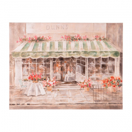 Tablouri - Tablou canvas romantic cu restaurant parizian și flori pe lemn de pin