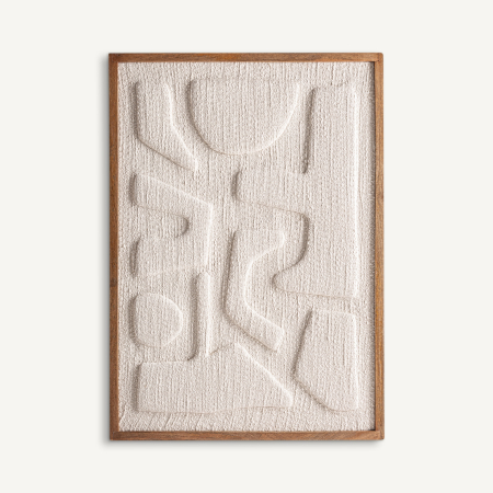 Decoratiuni perete din fibre naturale - Pânză bouclé alb-crem cu semicerc, zigzag și forme rotunjite în relief, într-o ramă de lemn