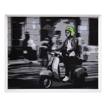 Tablouri - Tablou urban vespa alb-negru cu accent verde – stil pop retro