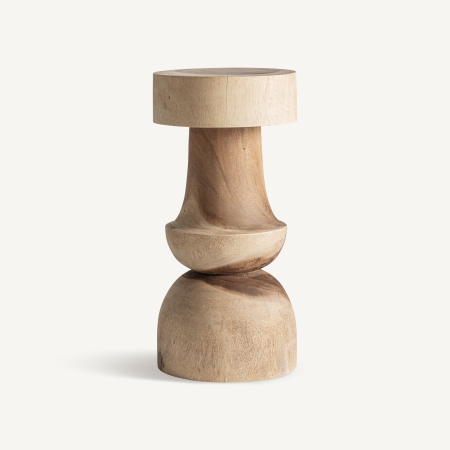 Taburete si pufuri in Stil Etnic - Taburet sculptat din lemn de suar bej, cu blat rotund gros, gât subțire și bază de clopot