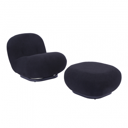 Taburet rotund Bo 70x70x37 cm, negru, textil și metal, cu formă curbată, bază metalică joasă și design modern. [1]