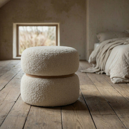 Stil de design - Taburet rotund tapițat cu stofă boucle și structură din MDF