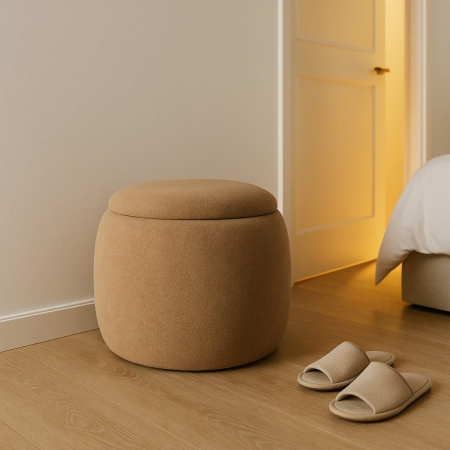 Taburete si pufuri - Taburet rotund taupe cu spațiu ascuns – Design japandi compact