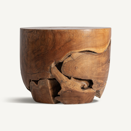 Mobilier - Taburet sculptural dintr-un trunchi masiv de lemn de tec cu scoarță și noduri naturale vizibile