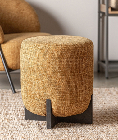 Mobilier - Taburet tapitat din stofa texturata ocru cu baza din lemn negru 41 x 41 x 48 cm