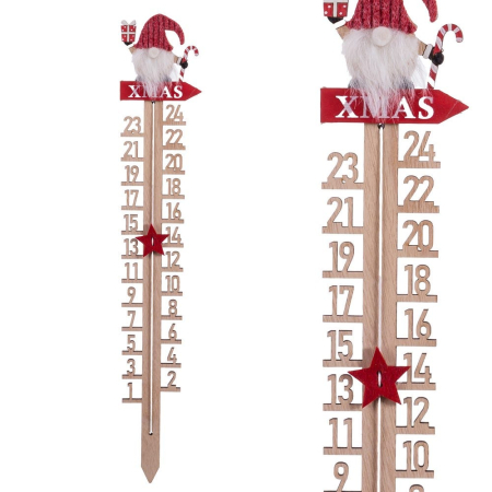 Craciun - Țăruș calendar de advent din lemn cu numere de la 1 la 24 și spiriduș cu căciulă roșie