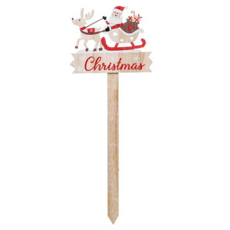 Craciun - Țăruș decorativ din lemn cu plăcuță albă Christmas și Moș Crăciun în sanie trasă de ren