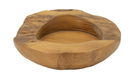 Rustic - Tavă decorativă rotundă din lemn de tec reciclat cu margine naturală și adâncitură șlefuită