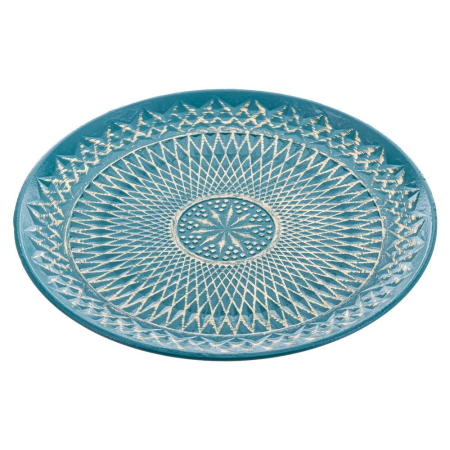 Obiecte decorative - Tavă rotundă albastră din MDF cu model geometric în relief și detalii aurii pentru decor de masă