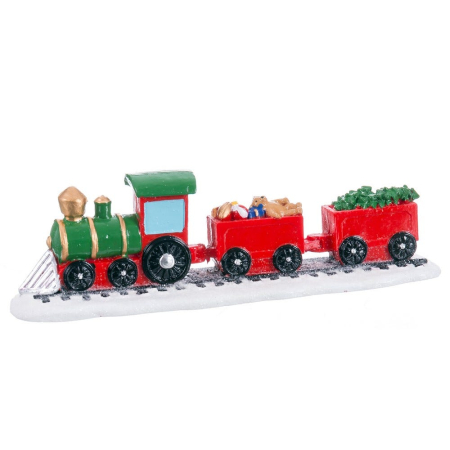 Craciun - Tren decorativ din rășină pictată cu locomotivă verde cu detalii aurii și două vagoane roșii cu cadouri