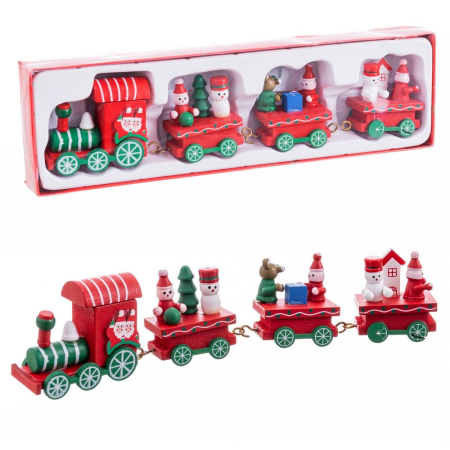 Craciun - Trenuleț de Crăciun din lemn pictat roșu și verde cu locomotivă trei vagoane și figurine mici