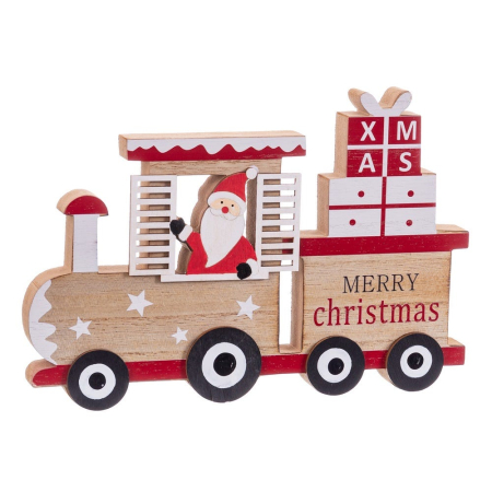 Craciun - Trenuleț de Crăciun din lemn cu Moș Crăciun la cabină vagon cu cadouri XMAS și urarea Merry Christmas