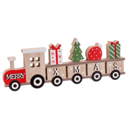 Craciun - Trenuleț din lemn cu locomotivă MERRY și vagoane cu literele XMAS încărcate cu cadouri brazi și glob roșu