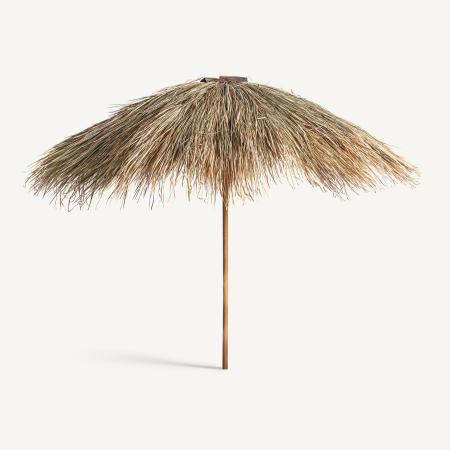 Mobilier - Umbrelă de soare cu acoperiș din paie lungi, ondulate, pe stâlp drept din lemn de tec