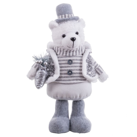Scandinav - Urs polar în picioare din textil cu pălărie cilindru gri vestă în dungi nasturi și conuri argintii