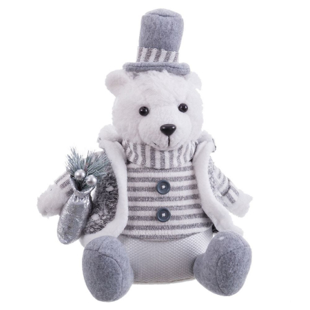 Scandinav - Ursuleț polar așezat din textil cu pălărie cilindru gri jachetă în dungi cu guler pufos și conuri argintii