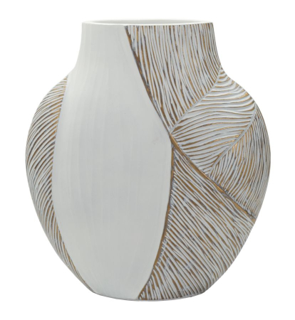 Vaze - Titlul imaginii principale: Vază alb-bej din rășină cu decor curbat reliefat 27x11.5x31 cm