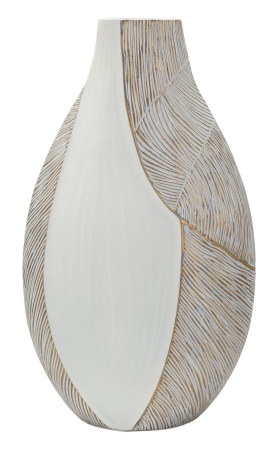 Titlul imaginii principale: Vază alb-bej din rășină cu decor curbat reliefat 29.5x13.5x50 cm