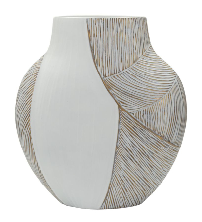 Titlul imaginii principale: Vază alb-bej din rășină cu decor curbat reliefat 35x13.5x37.5 cm