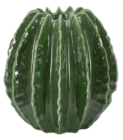 Cactus - Vază decorativă cactus sferică din ceramică verde cu caneluri moi în relief și gură zimțată