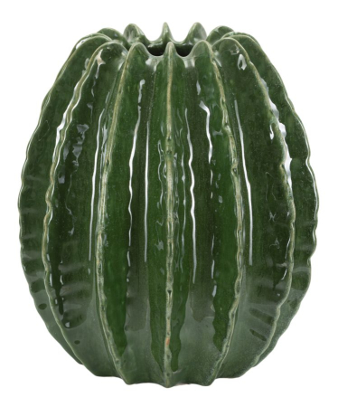 Cactus - Vază decorativă cactus sferică din ceramică verde cu caneluri groase în relief și gură zimțată