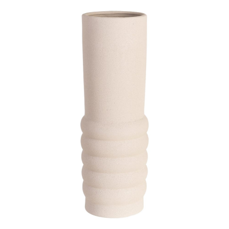 Vază decorativă din ceramică albă cu formă cilindrică și relief inelar