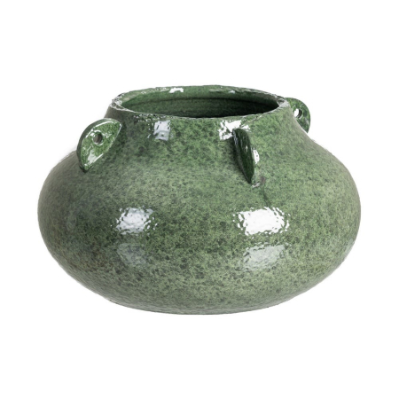 Vaze - Vază decorativă din ceramică verde glazurată cu siluetă joasă rotunjită – imagine principală pe consolă