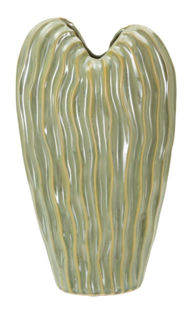 Obiecte decorative in Stil Contemporan - Vază decorativă din ceramică verde măsliniu cu coaste ondulate, vene ocru și gură în V