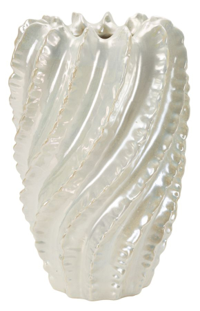 Obiecte decorative in Stil Contemporan - Vază decorativă înaltă din ceramică alb perlat cu coaste răsucite în spirală și margine ondulată