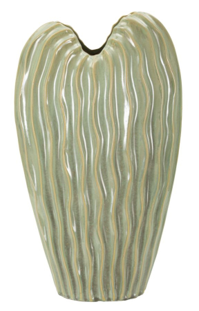 Obiecte decorative in Stil Contemporan - Vază decorativă înaltă din ceramică verde salvie cu coaste ondulate și gură asimetrică