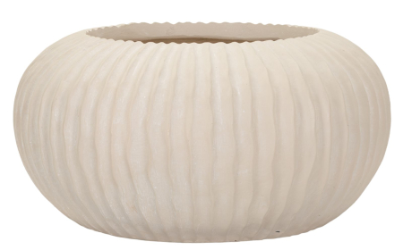 Obiecte decorative - Vază decorativă joasă și lată bej cu caneluri verticale, margine zimțată fin și gură largă