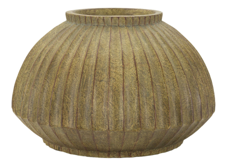 Rustic - Vază decorativă joasă și lată verde măsliniu cu coaste fine și guler crenelat
